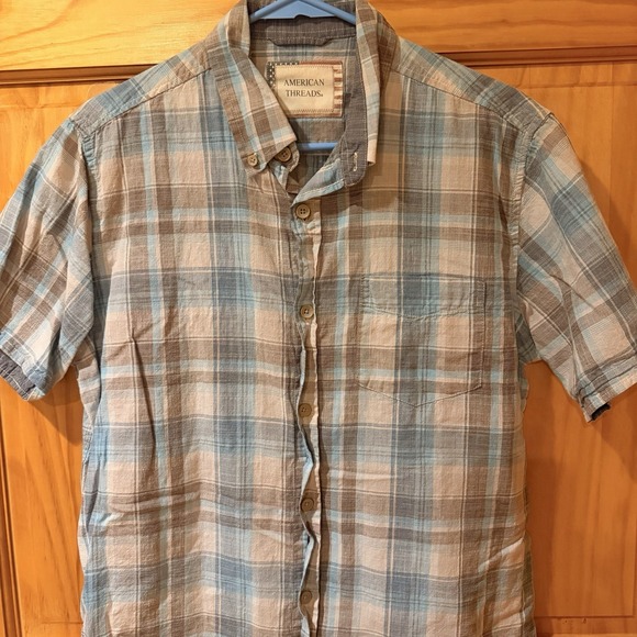American Threads Button Up Shirt Men's Medium Multicolor BluePlaid Button Collar - Picture 2 of 5